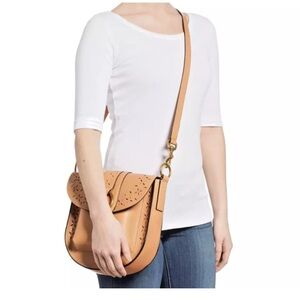 FRYE Ilana Perforated Harness Saddle Crossbody Small Leather Bag Purse Tan